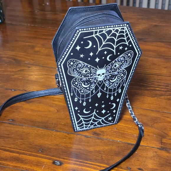 Claire's Black Coffin Crossbody Bag Skull Moth - Picture 4 of 4